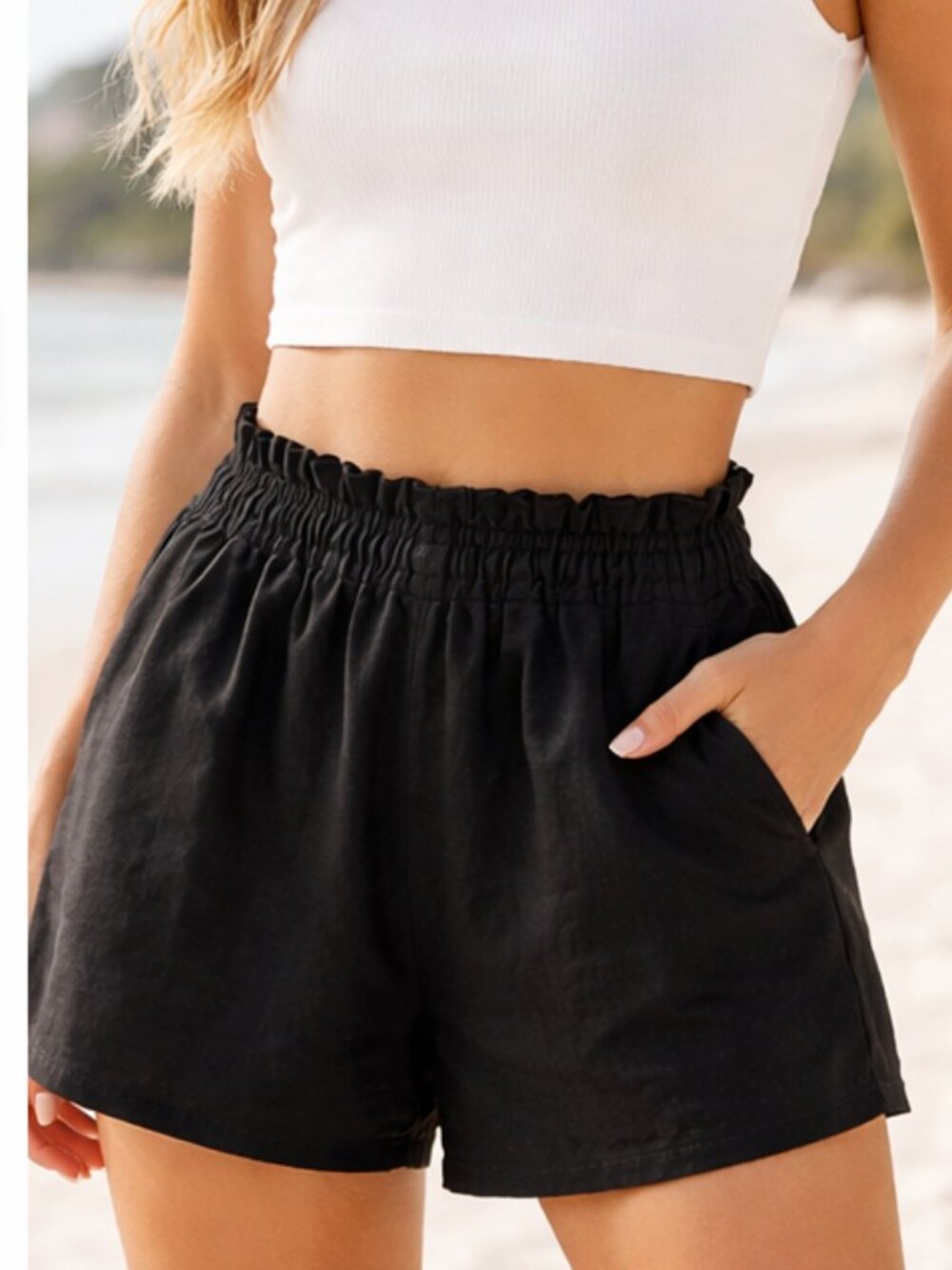Diza Gabo Black Paperbag Waist Shorts S/M Linen Look Flowy Beach Vacation